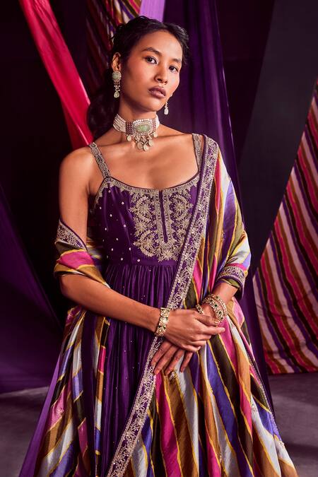 Punit Balana Multi Color Chanderi Silk Zardozi And Sequin, Stripe Strappy Anarkali Gharara Set Online at Aza Fashions Punit Balana_Multi Color Chanderi Silk Zardozi And Sequin, Stripe Strappy Anarkali Gharara Set _Online_at_Aza_Fashions