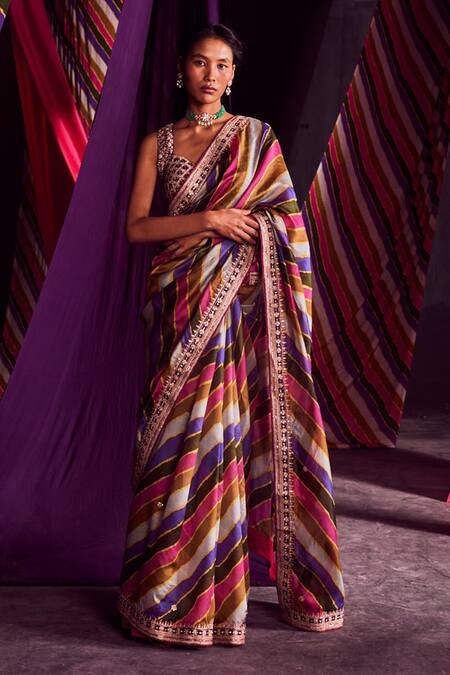 Punit Balana_Multi Color Organza Silk Marodi And Zardozi, Stripe Print Saree With Blouse _Online_at_Aza_Fashions