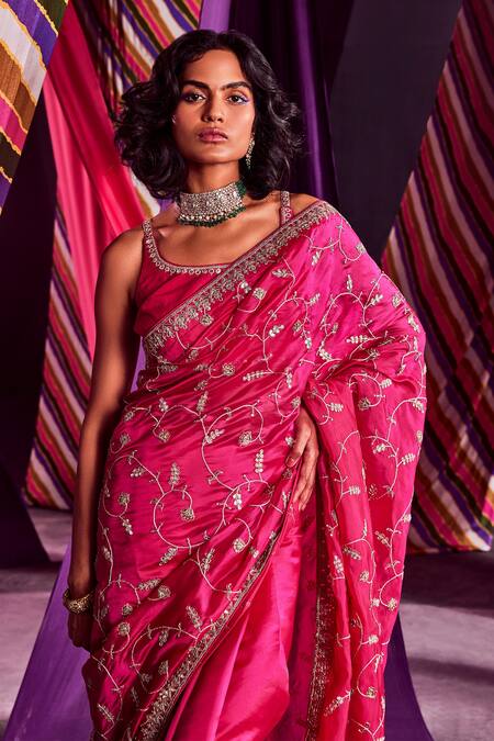Buy Punit Balana Pink Organza Silk Gota And Marodi Scoop Neck Embroidered Saree With Blouse Online at Aza Fashions Buy_Punit Balana_Pink Organza Silk Gota And Marodi Scoop Neck Embroidered Saree With Blouse _Online_at_Aza_Fashions