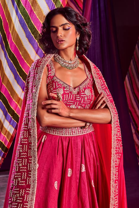Punit Balana Pink Banarasi And Organza Marodi & Zardozi V Neck Lehenga Set Online at Aza Fashions Punit Balana_Pink Banarasi And Organza Marodi & Zardozi V Neck Lehenga Set _Online_at_Aza_Fashions
