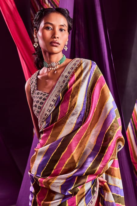 Buy_Punit Balana_Multi Color Organza Silk Marodi And Zardozi, Stripe Print Saree With Blouse _Online_at_Aza_Fashions