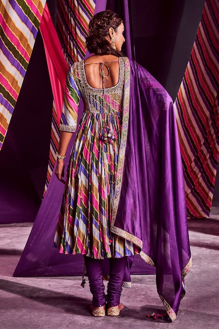 Shop Punit Balana Multi Color Chanderi And Organza Stripe, Zardozi & Print Anarkali Set at Aza Fashions Shop_Punit Balana_Multi Color Chanderi And Organza Stripe, Zardozi & Print Anarkali Set _at_Aza_Fashions