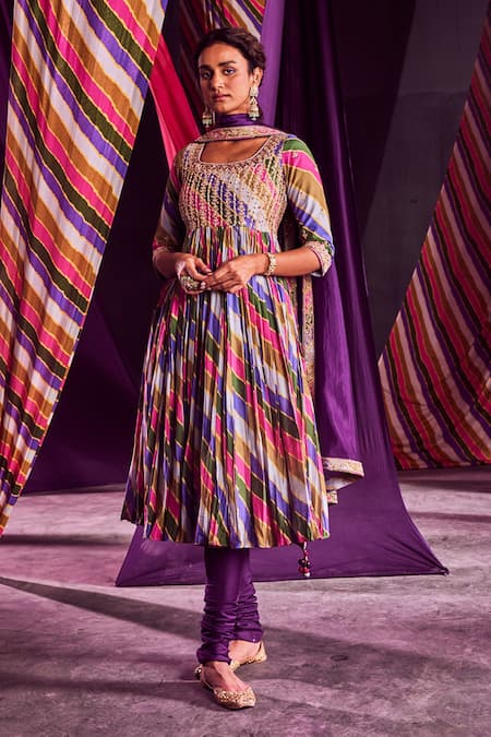 Punit Balana Multi Color Chanderi And Organza Stripe, Zardozi & Print Anarkali Set Online at Aza Fashions Punit Balana_Multi Color Chanderi And Organza Stripe, Zardozi & Print Anarkali Set _Online_at_Aza_Fashions