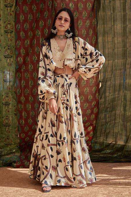 Punit Balana Silk Chanderi Floral Print Skirt Set 