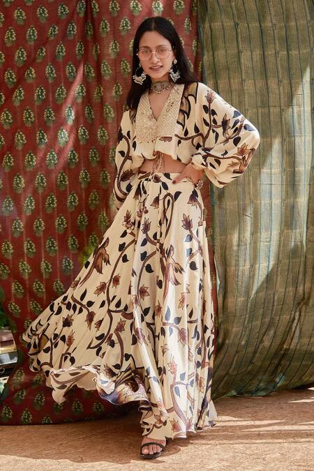 Punit Balana_Beige Silk Chanderi Bird, Floral V Neck Print Skirt Set _Online_at_Aza_Fashions