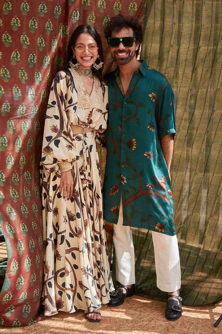 Buy_Punit Balana_Beige Silk Chanderi Bird, Floral V Neck Print Skirt Set _Online_at_Aza_Fashions