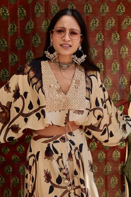 Shop_Punit Balana_Beige Silk Chanderi Bird, Floral V Neck Print Skirt Set _Online_at_Aza_Fashions