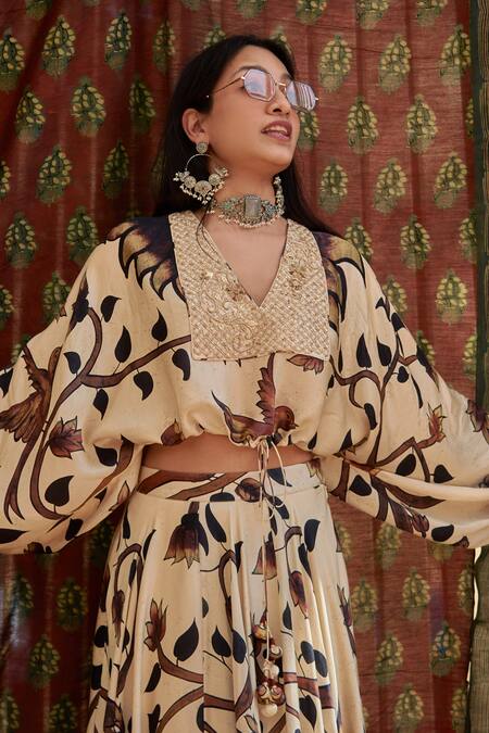 Punit Balana_Beige Silk Chanderi Bird, Floral V Neck Print Skirt Set _at_Aza_Fashions
