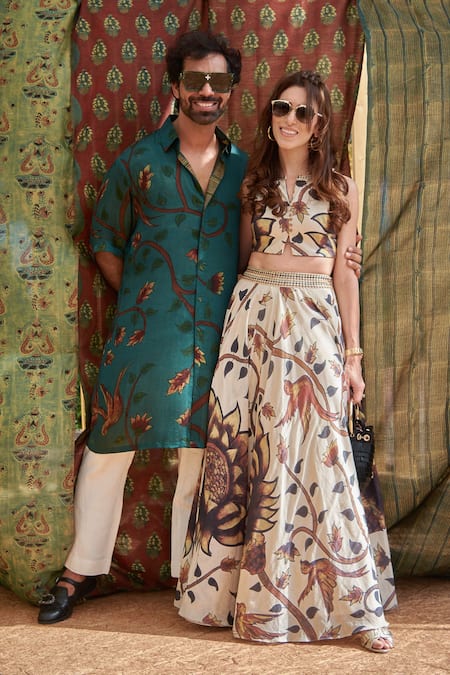 Buy Punit Balana Beige Silk Chanderi Bird, Floral Notched Print Skirt Set Online at Aza Fashions Buy_Punit Balana_Beige Silk Chanderi Bird, Floral Notched Print Skirt Set _Online_at_Aza_Fashions