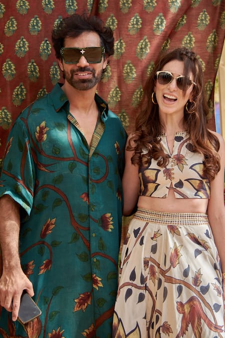 Shop Punit Balana Beige Silk Chanderi Bird, Floral Notched Print Skirt Set Online at Aza Fashions Shop_Punit Balana_Beige Silk Chanderi Bird, Floral Notched Print Skirt Set _Online_at_Aza_Fashions