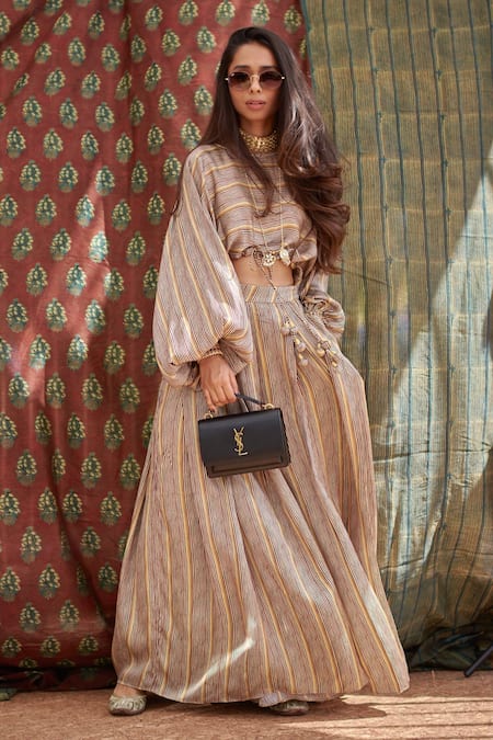 Punit Balana_Beige Silk Satin Printed Striped Round Flared Pant Set _Online_at_Aza_Fashions