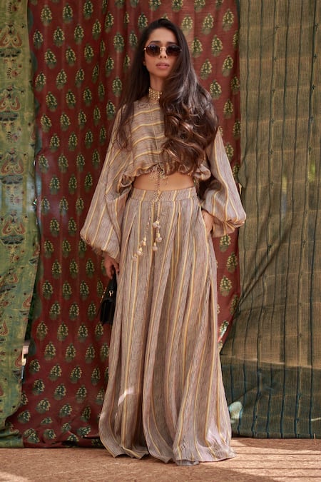 Shop_Punit Balana_Beige Silk Satin Printed Striped Round Flared Pant Set _at_Aza_Fashions