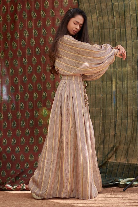 Buy_Punit Balana_Beige Silk Satin Printed Striped Round Flared Pant Set _Online_at_Aza_Fashions