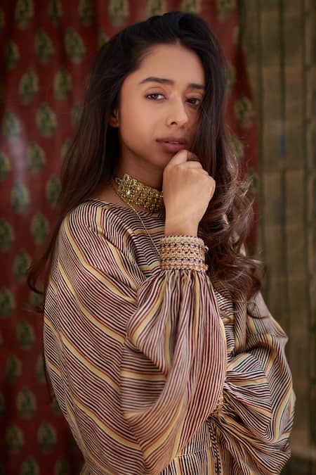 Shop_Punit Balana_Beige Silk Satin Printed Striped Round Flared Pant Set _Online_at_Aza_Fashions