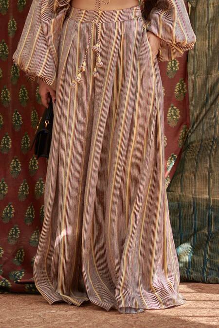Punit Balana_Beige Silk Satin Printed Striped Round Flared Pant Set _at_Aza_Fashions