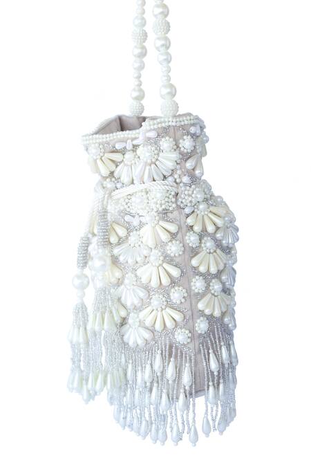 Adora By Ankita_Beige Embroidered Velvet Bead Tassel Potli Bag _Online_at_Aza_Fashions