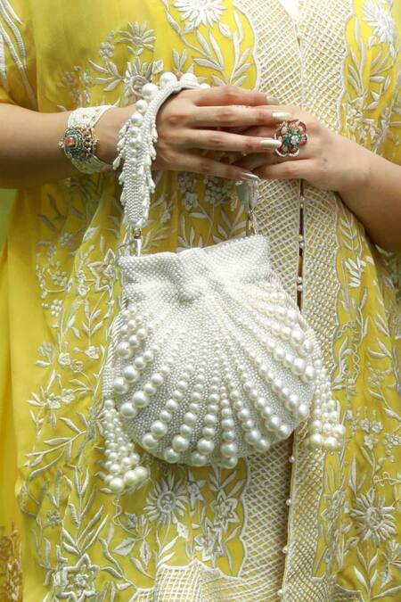 Shop Adora By Ankita Cream Pearls Arabia Clutch With Sling at Aza Fashions Shop_Adora By Ankita_Cream Pearls Arabia Clutch With Sling _at_Aza_Fashions