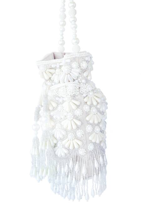 Adora By Ankita_Beige Embroidered Velvet Bead Tassel Potli Bag _Online_at_Aza_Fashions