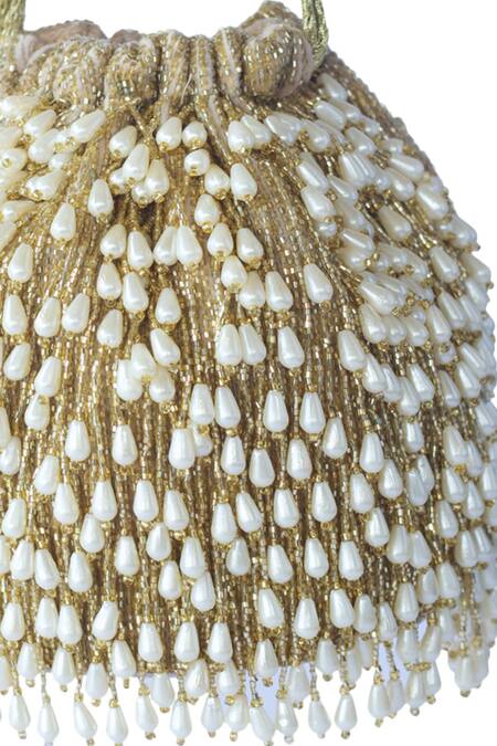 Adora By Ankita_Gold Embroidered Bead Tassel Potli Bag _Online_at_Aza_Fashions