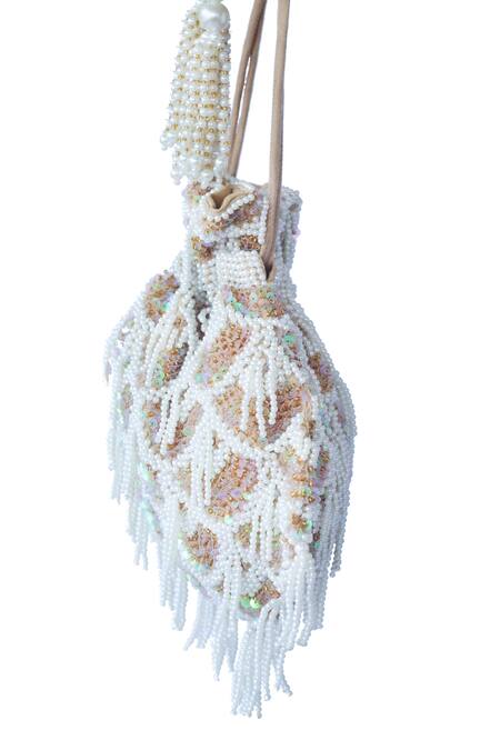 Adora By Ankita_Gold Embroidered Bead Tassel Potli Bag _Online_at_Aza_Fashions