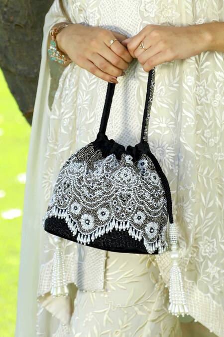 Adora By Ankita_Black Beads Intrica Monochrome Bucket Bag _Online_at_Aza_Fashions