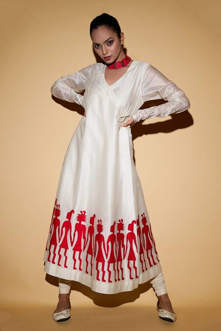 Buy Taika By Poonam Bhagat White Chanderi, Lycra Net V Neck Applique Angrakha Set Online at Aza Fashions Buy_Taika By Poonam Bhagat_White Chanderi, Lycra Net V Neck Applique Angrakha Set _Online_at_Aza_Fashions