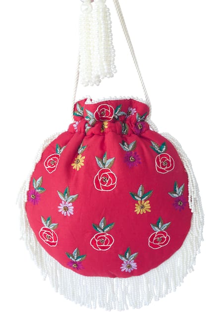 Shop_Adora By Ankita_Red Embroidery, Beads Tassel Polti Bag _at_Aza_Fashions
