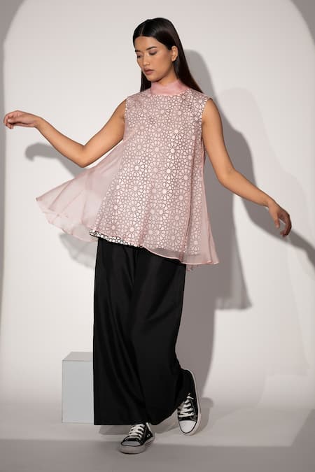 Taika By Poonam Bhagat Pink Organza, Cotton Linen Geometric Print Fold Collar Jaali Top 