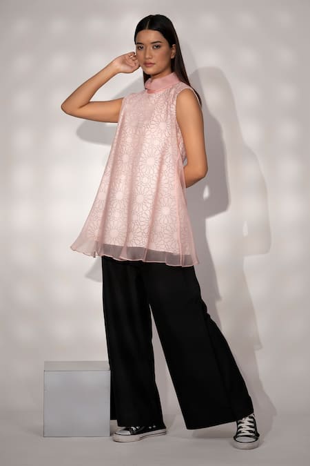 Taika By Poonam Bhagat Pink Organza, Cotton Linen Geometric Print Fold Collar Lattice Top