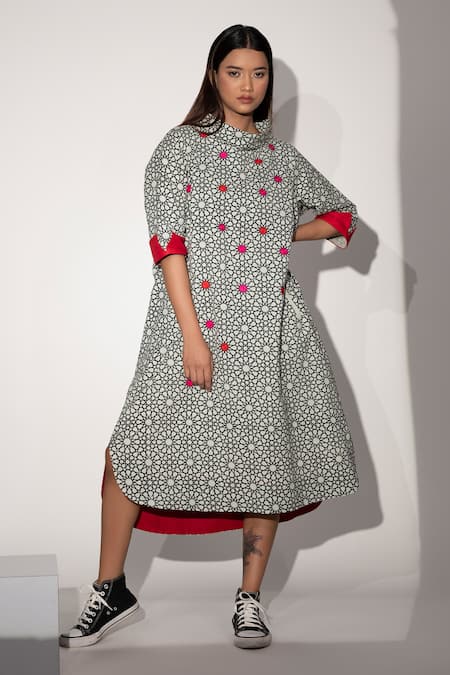 Taika By Poonam Bhagat Ivory Cotton Linen Geometric Wide Fold Collar Red Dot Dress 