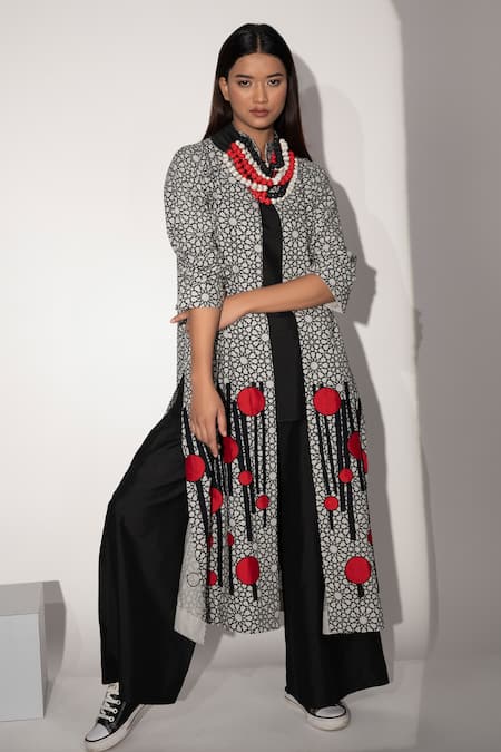 Taika By Poonam Bhagat Ivory Cotton Linen Geometric Print, Applique Embroidery High Chopsticks Jacket