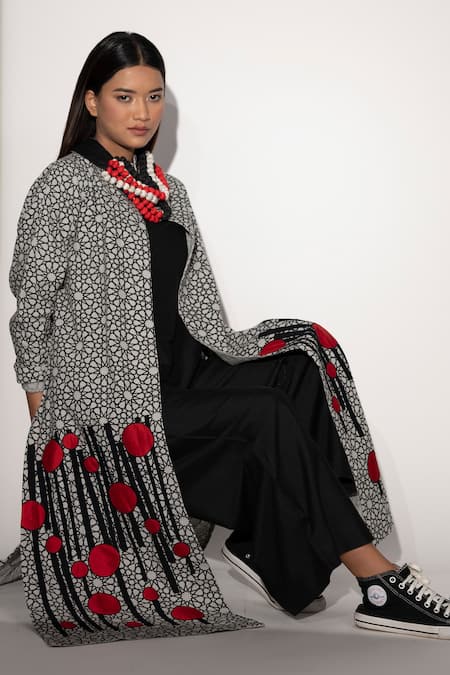 Shop Taika By Poonam Bhagat Ivory Cotton Linen Geometric Print, Applique Embroidery High Chopsticks Jacket at Aza Fashions Shop_Taika By Poonam Bhagat_Ivory Cotton Linen Geometric Print, Applique Embroidery High Chopsticks Jacket_at_Aza_Fashions