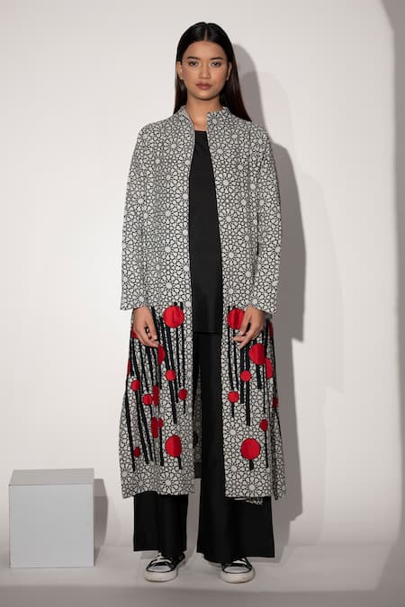 Taika By Poonam Bhagat Ivory Cotton Linen Geometric Print, Applique Embroidery High Chopsticks Jacket Online at Aza Fashions Taika By Poonam Bhagat_Ivory Cotton Linen Geometric Print, Applique Embroidery High Chopsticks Jacket_Online_at_Aza_Fashions