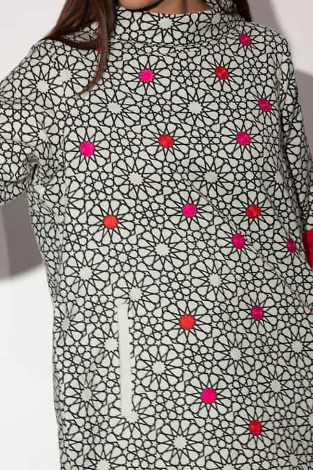 Shop_Taika By Poonam Bhagat_Ivory Cotton Linen Geometric Wide Fold Collar Red Dot Dress_Online_at_Aza_Fashions