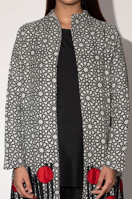 Buy Taika By Poonam Bhagat Ivory Cotton Linen Geometric Print, Applique Embroidery High Chopsticks Jacket Online at Aza Fashions Buy_Taika By Poonam Bhagat_Ivory Cotton Linen Geometric Print, Applique Embroidery High Chopsticks Jacket_Online_at_Aza_Fashions