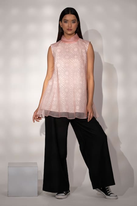 Taika By Poonam Bhagat_Pink Organza, Cotton Linen Geometric Print Fold Collar Lattice Top_Online_at_Aza_Fashions