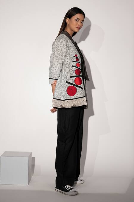 Taika By Poonam Bhagat_Ivory Cotton Linen Geometric Print, Applique Embroidery Many Moons Jacket_Online_at_Aza_Fashions