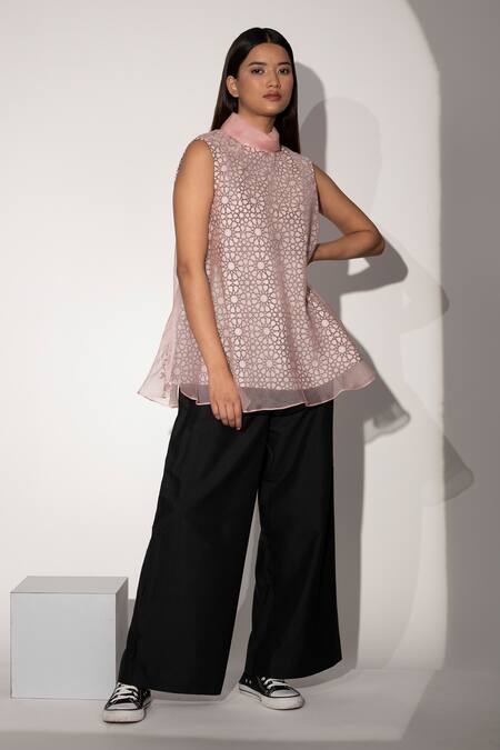 Buy_Taika By Poonam Bhagat_Pink Organza, Cotton Linen Geometric Print Fold Collar Jaali Top_Online_at_Aza_Fashions