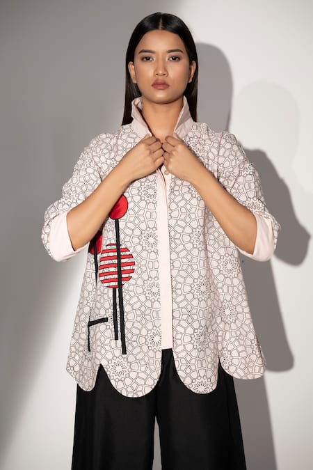 Buy_Taika By Poonam Bhagat_Pink Cotton Linen Geometric Print, Applique Embroidery Shirt Collar Scallop_Online_at_Aza_Fashions