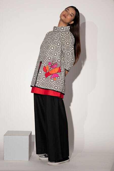 Taika By Poonam Bhagat_Ivory Silk, Linen Geometric Print And Applique Tokyo Top_Online_at_Aza_Fashions