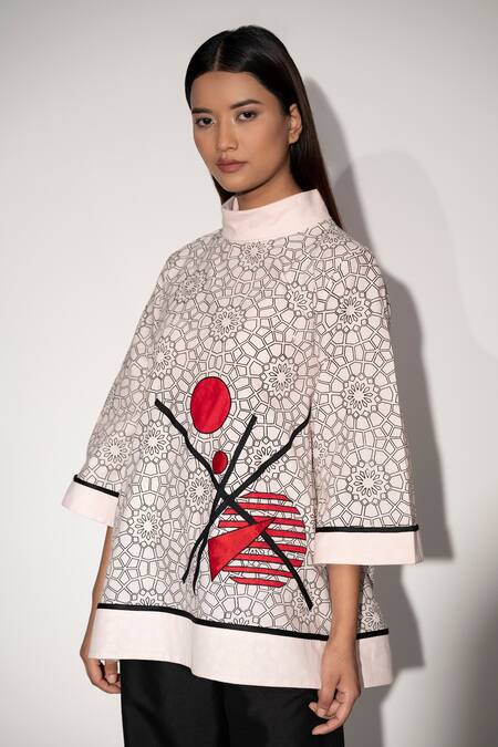 Taika By Poonam Bhagat_Pink Cotton Linen Geometric Print, Applique Embroidery Wide Love Triangle Top_Online_at_Aza_Fashions