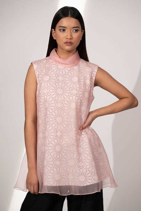 Buy_Taika By Poonam Bhagat_Pink Organza, Cotton Linen Geometric Print Fold Collar Lattice Top_Online_at_Aza_Fashions