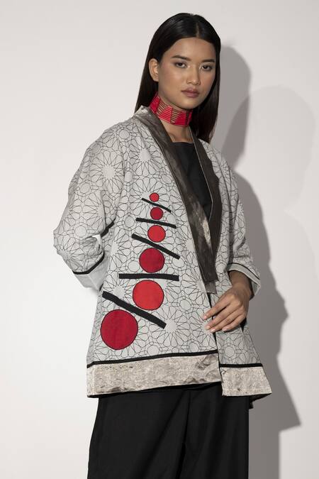 Buy_Taika By Poonam Bhagat_Ivory Cotton Linen Geometric Print, Applique Embroidery Many Moons Jacket_Online_at_Aza_Fashions