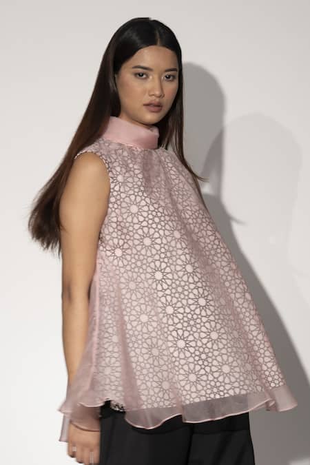 Shop_Taika By Poonam Bhagat_Pink Organza, Cotton Linen Geometric Print Fold Collar Jaali Top_Online_at_Aza_Fashions