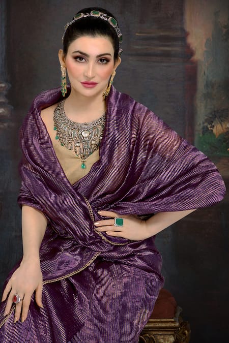 Pranay Baidya_Purple Chanderi Striped Saree _Online_at_Aza_Fashions