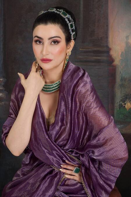 Buy_Pranay Baidya_Purple Chanderi Striped Saree _Online_at_Aza_Fashions