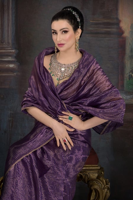 Shop_Pranay Baidya_Purple Chanderi Striped Saree _Online_at_Aza_Fashions