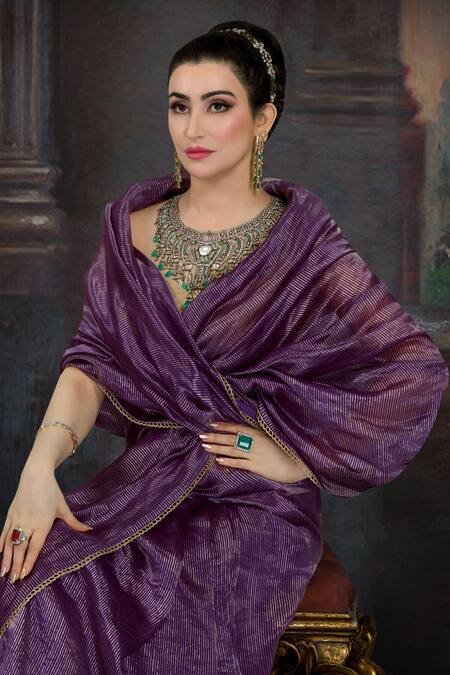 Pranay Baidya_Purple Chanderi Striped Saree _at_Aza_Fashions