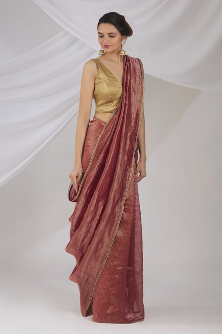 Pranay Baidya Maroon Chanderi Striped Saree