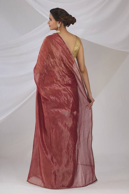 Shop_Pranay Baidya_Maroon Chanderi Striped Saree_at_Aza_Fashions